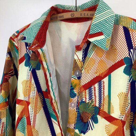 Short Shirt Dress Bold Tropical Print 3/4 Sleeves Button Front Tie Back XL Tiki - Picture 6 of 6